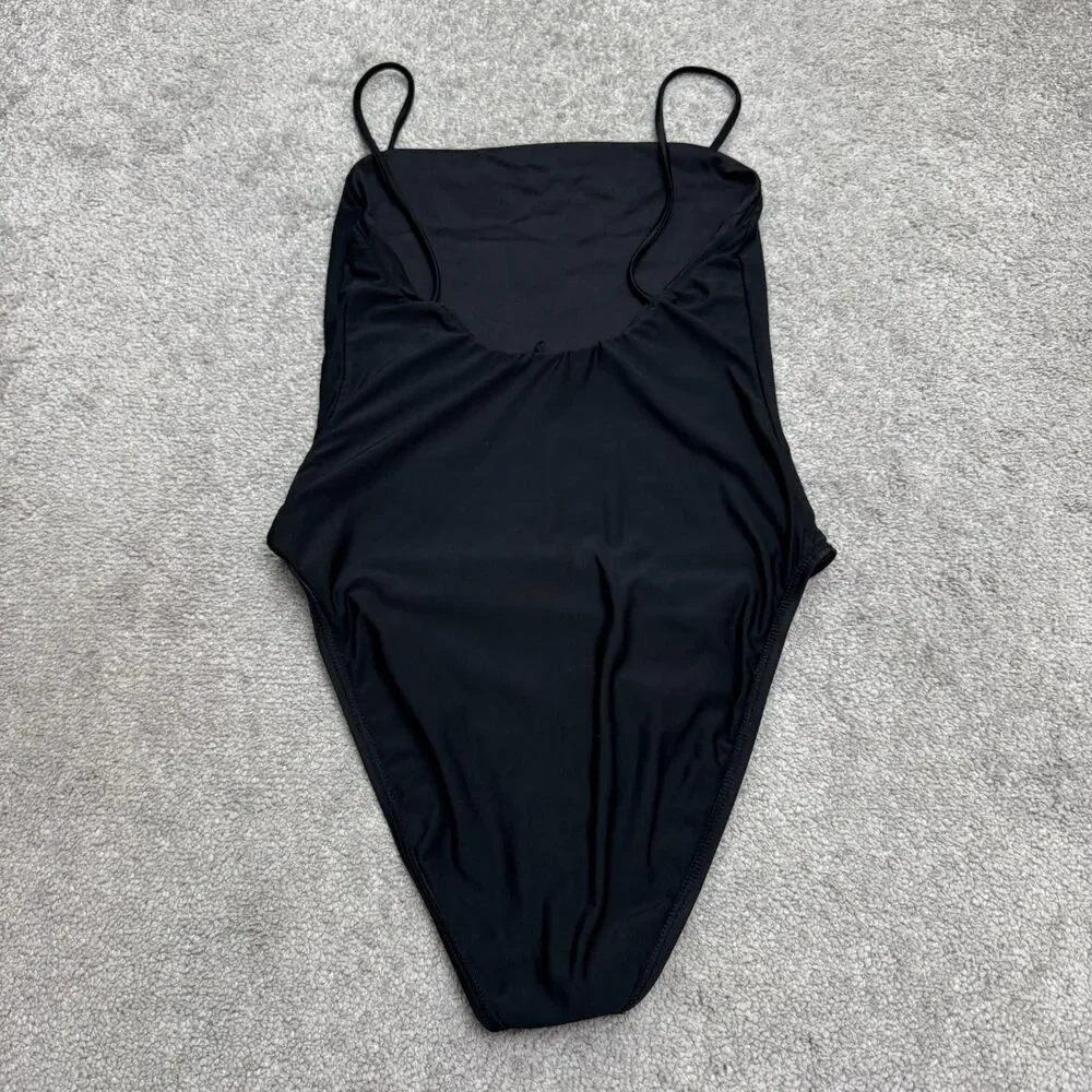 VYB Cami Straight Neck High Cut Open Back One Piece Swimsuit Women Medium Black